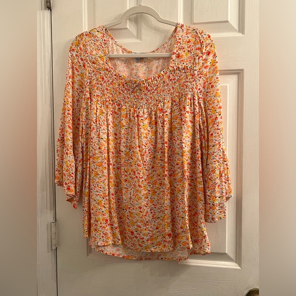 Size small orange red yellow ditzy flower floral print long sleeve blouse - Picture 2 of 6